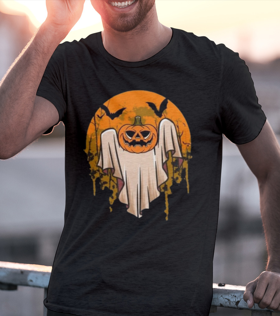 Ghostly Pumpkin Head With Bats And Full Moon T-Shirt