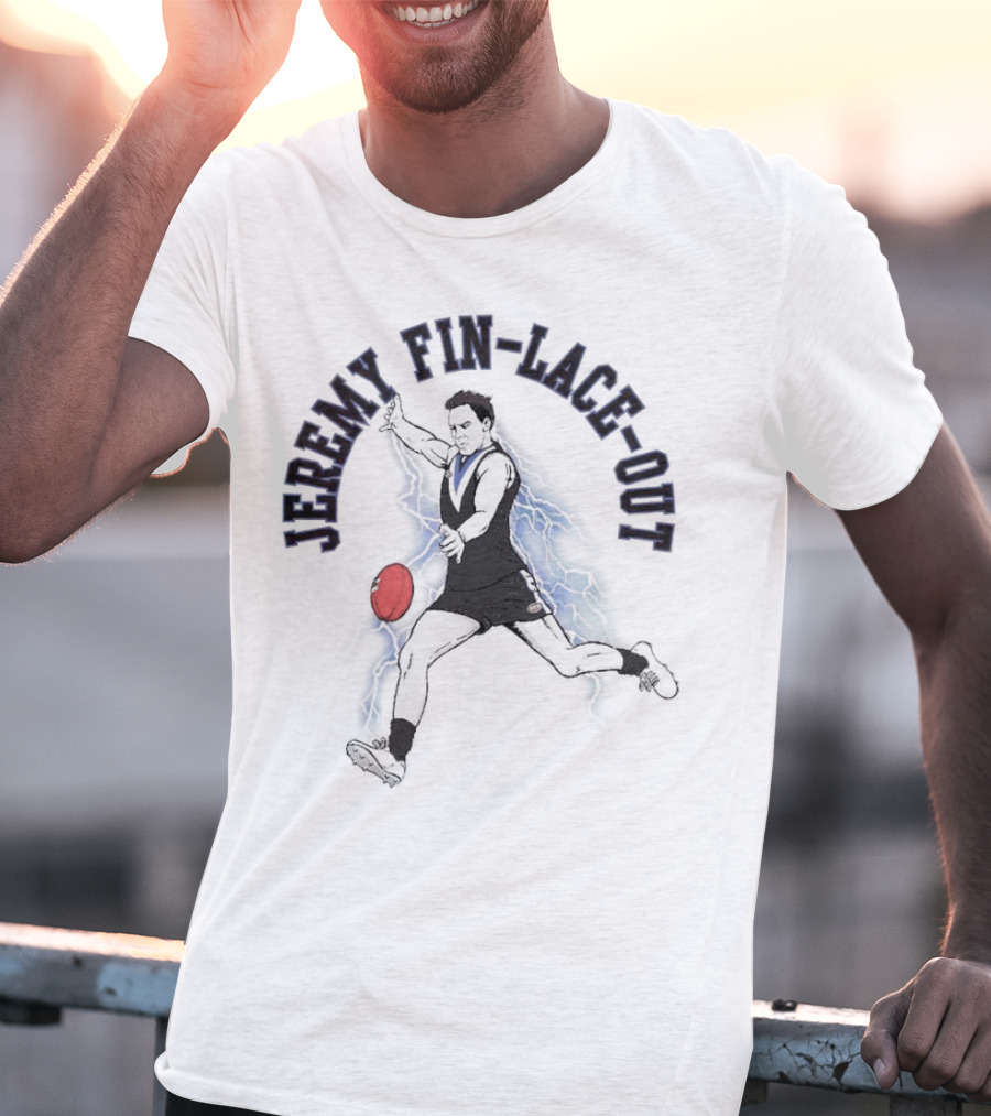 Jeremy Fin-lace-out AFL Kicking Action With Blue Lightning And Red Football T-Shirt