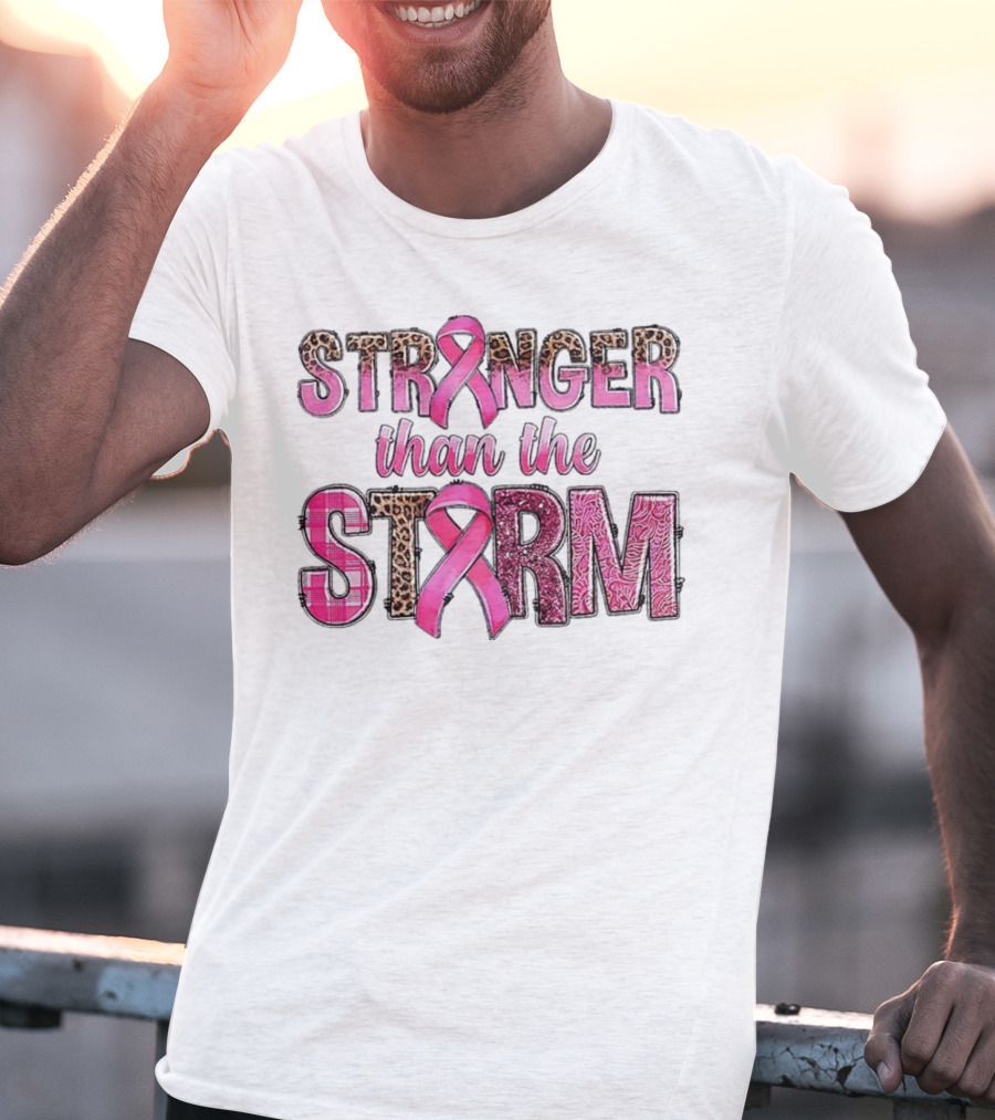 Stronger Than The Storm Breast Cancer Awareness Pink Ribbon Leopard Zebra Print T-Shirt