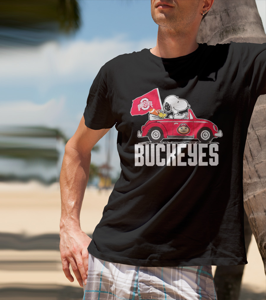 Snoopy And Woodstock Driving Red Car With Ohio State Buckeyes Flag T-Shirt