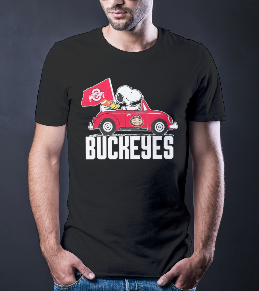 Snoopy And Woodstock Driving Red Car With Ohio State Buckeyes Flag T-Shirt