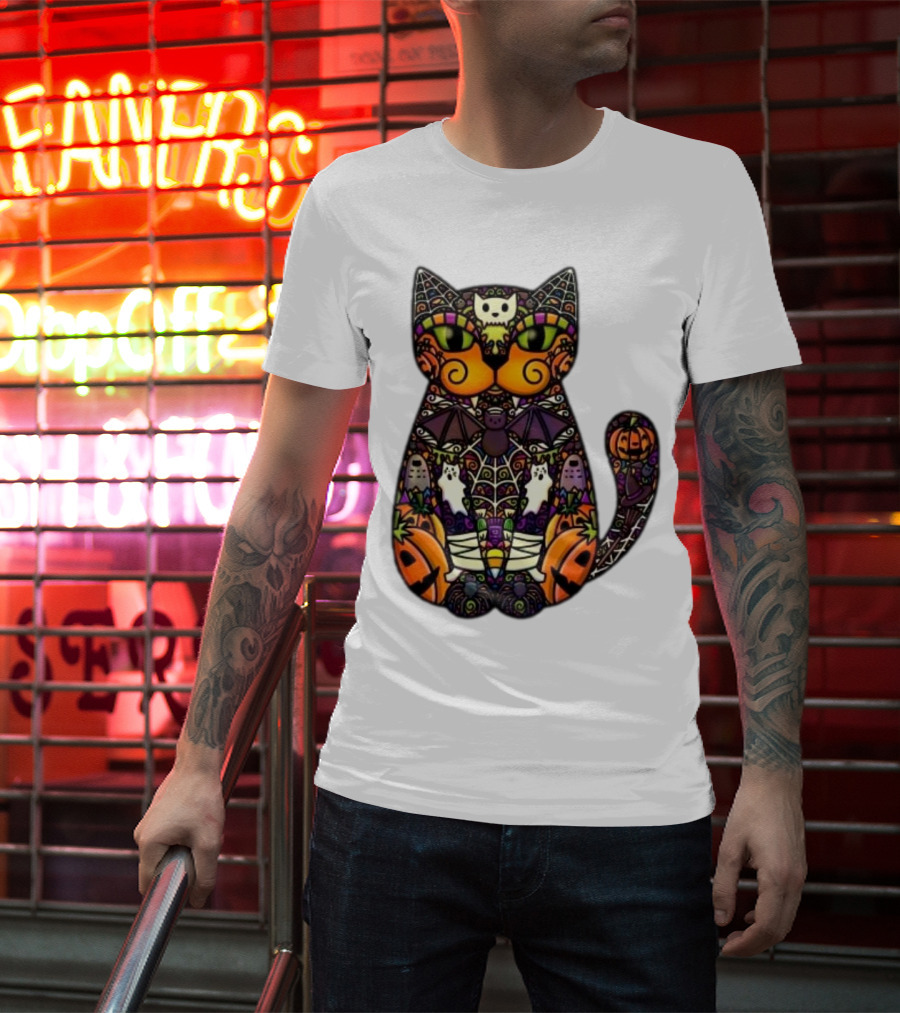 Halloween Cat With Pumpkins Ghosts And Bats T-Shirt