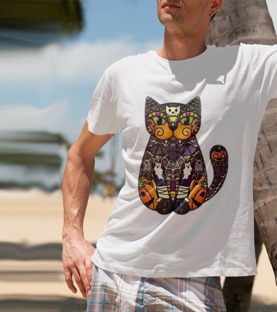 Halloween Cat With Pumpkins Ghosts And Bats T-Shirt
