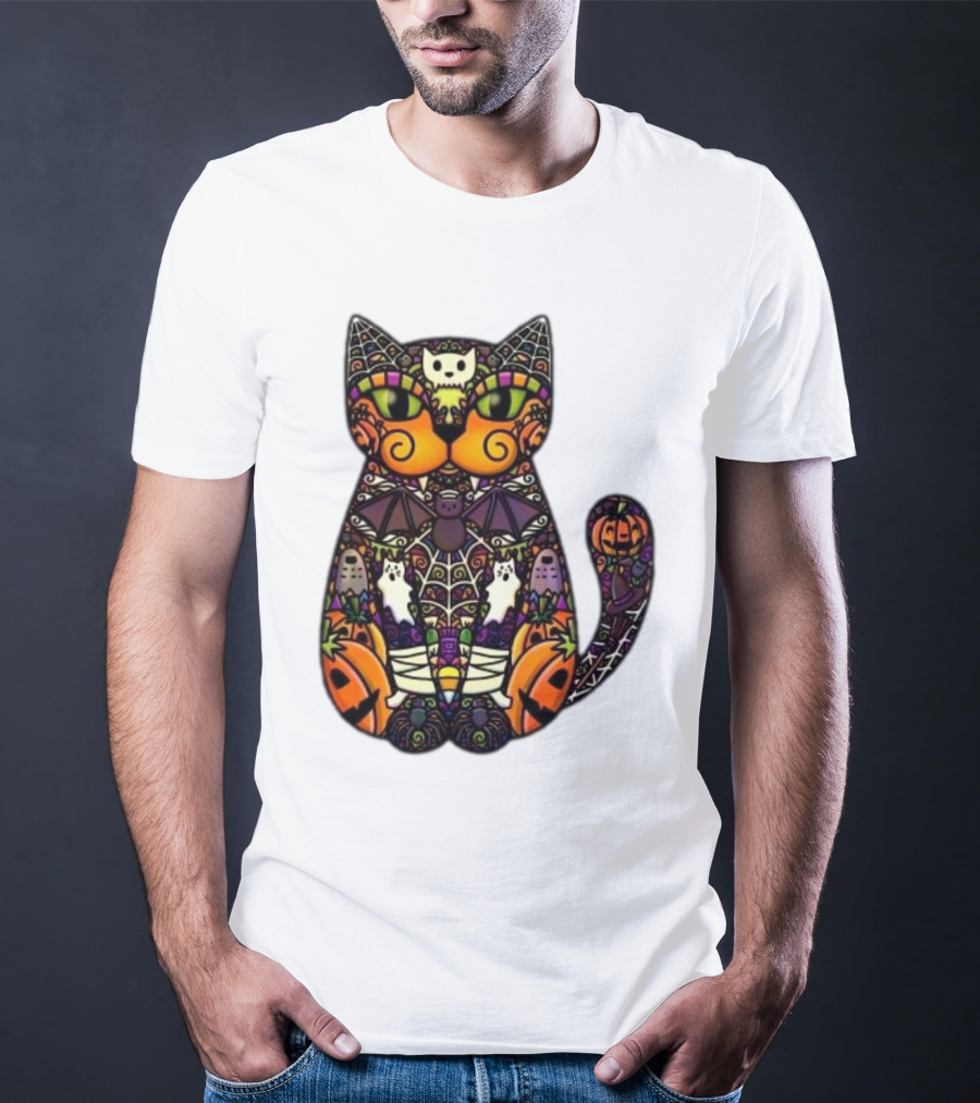 Halloween Cat With Pumpkins Ghosts And Bats T-Shirt