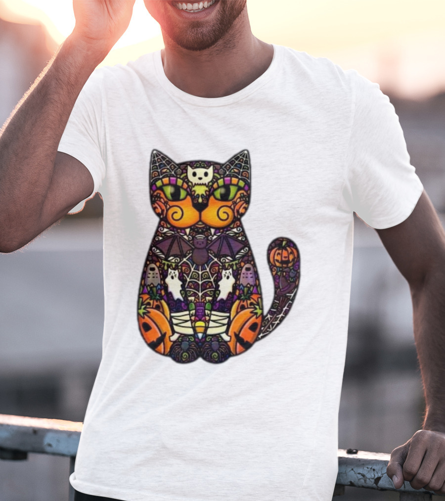Halloween Cat With Pumpkins Ghosts And Bats T-Shirt