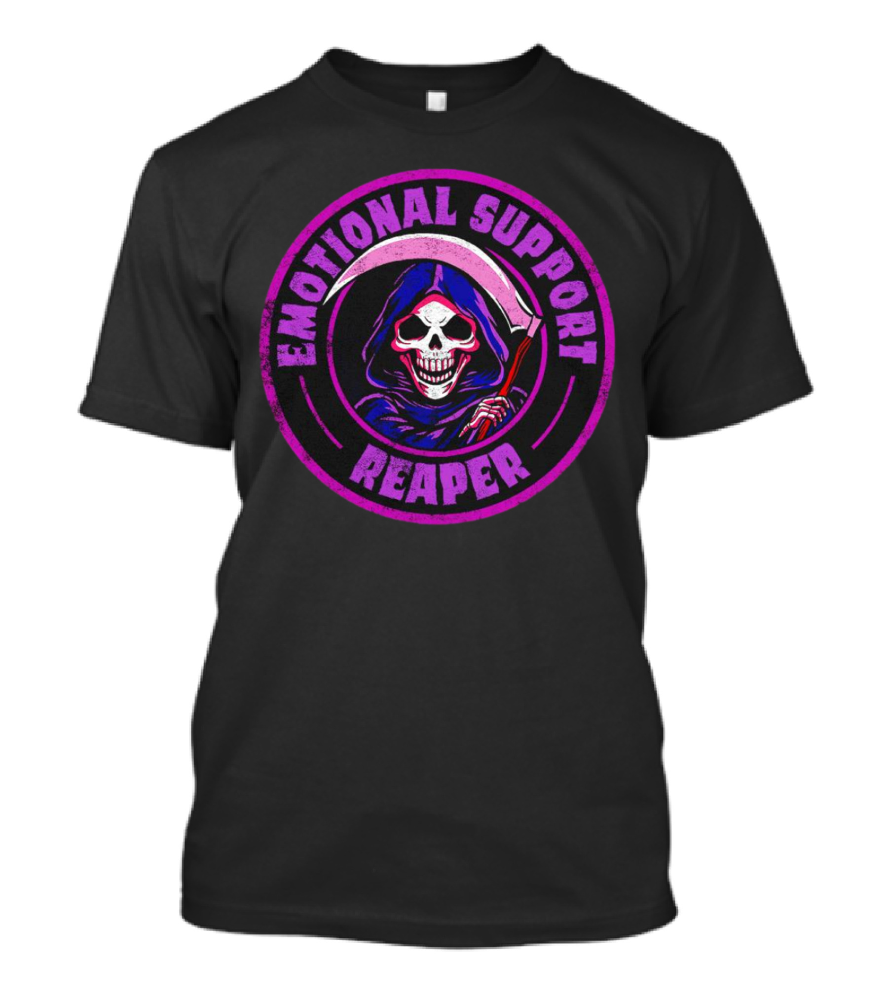 Emotional Support Reaper Skeleton With Scythe In Purple Hood T-Shirt