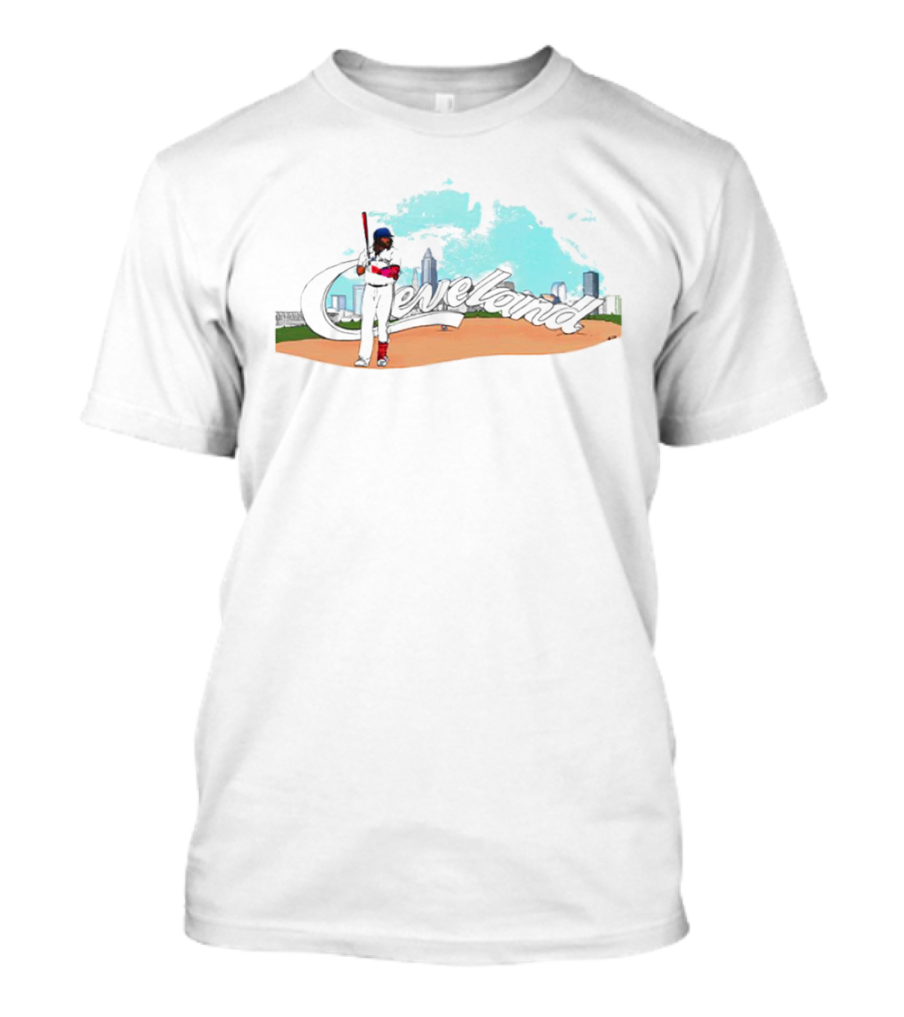 Cleveland Skyline Baseball Player With Bat And Clouds T-Shirt