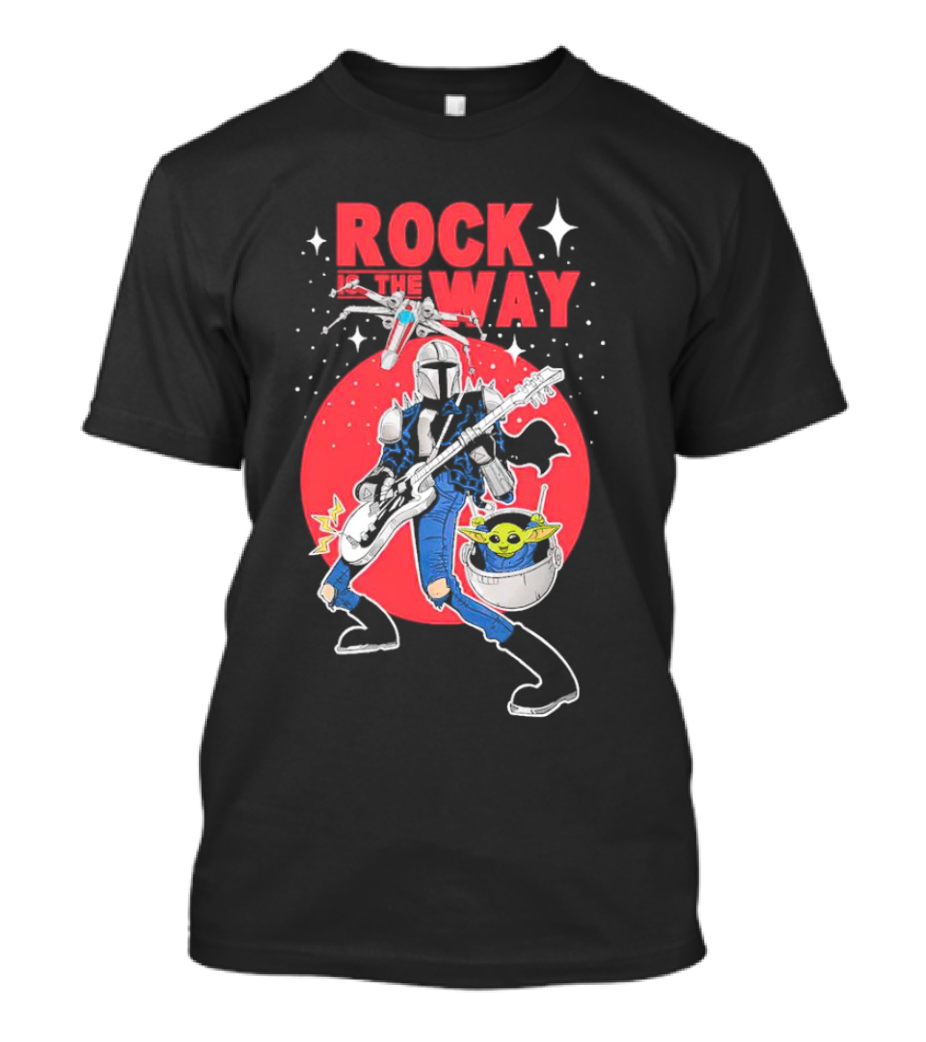 Rock Is The Way Din Djarin And Grogu Playing Guitar In Front Of Red Moon T-Shirt