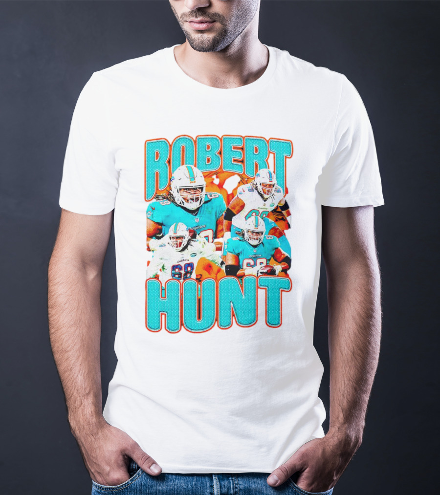 Robert Hunt Miami Dolphins 68 Vintage Football Collage T-Shirt