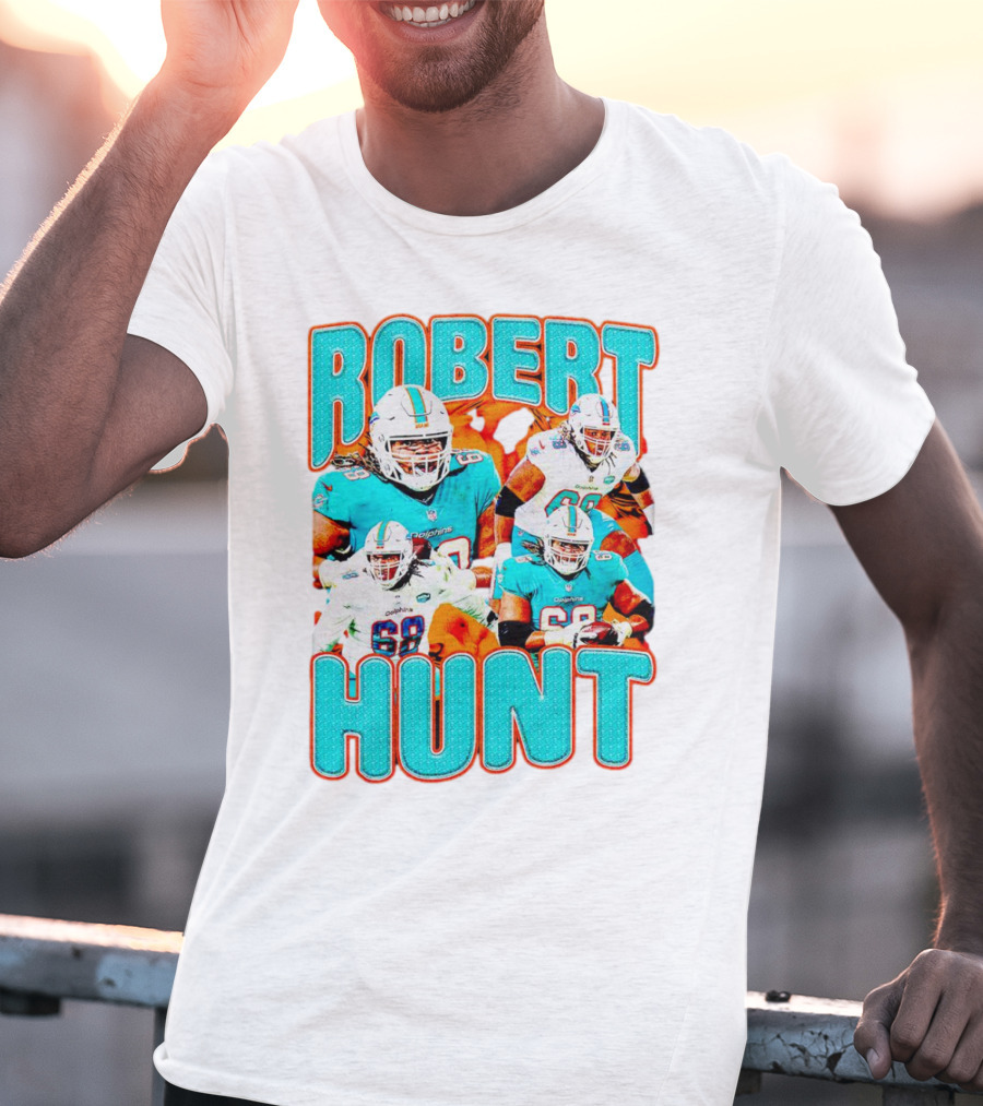 Robert Hunt Miami Dolphins 68 Vintage Football Collage T-Shirt