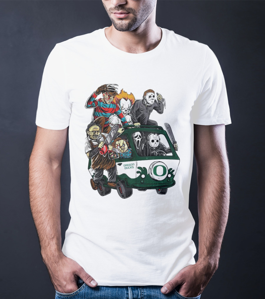 Oregon Ducks Horror Characters Bus Halloween Freddy Jason Michael Myers Pennywise Mask T-Shirt