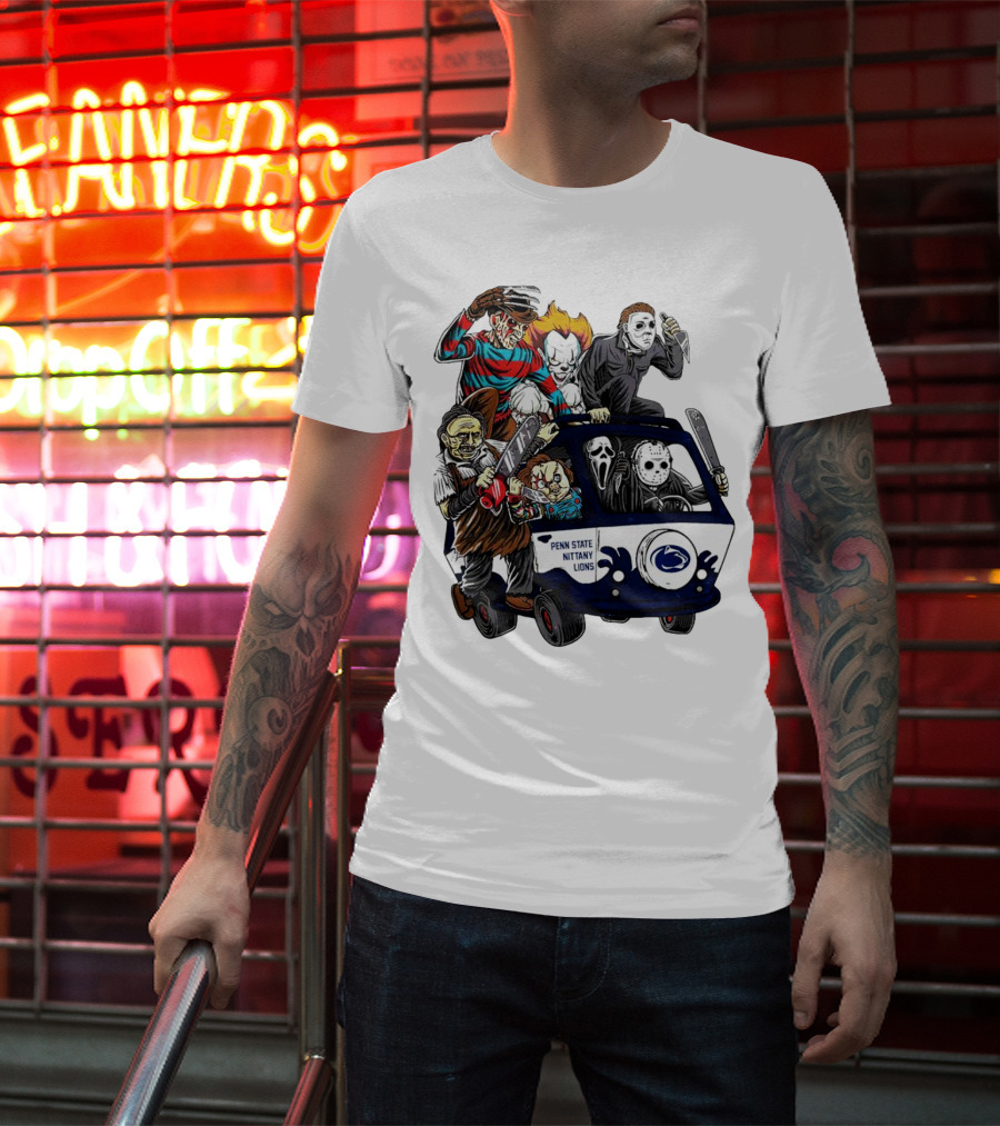 Penn State Nittany Lions Horror Movie Characters Halloween Bus T-Shirt