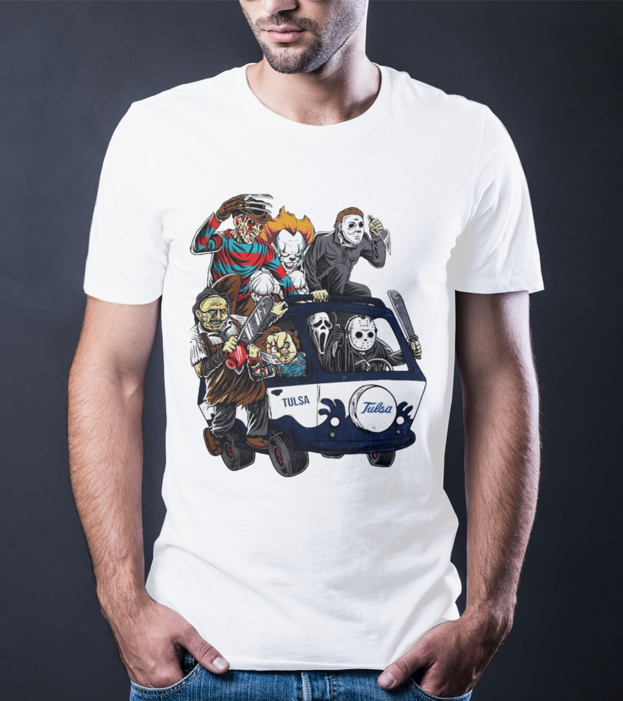 Tulsa Golden Hurricane Halloween Horror Characters Bus T-Shirt