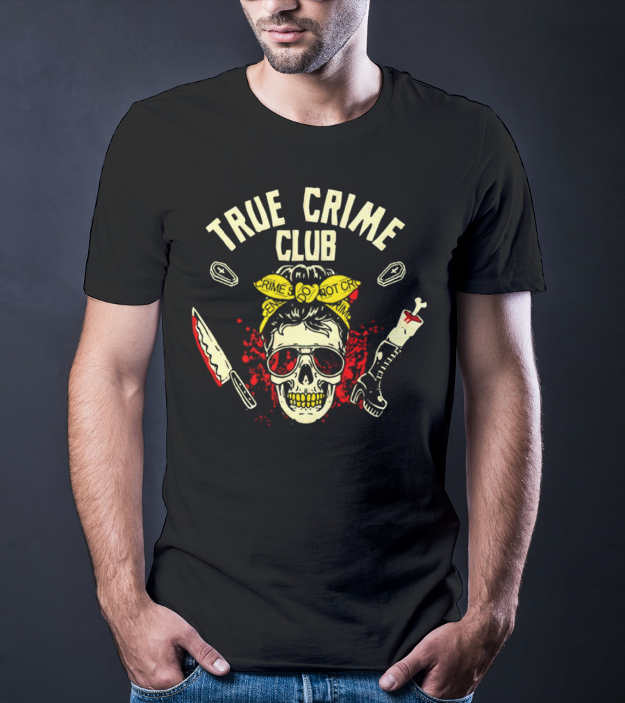 True Crime Club Messy Bun Skull With Crime Scene Elements T-Shirt