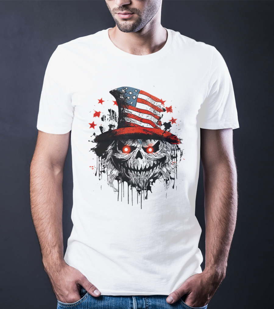 Creepy Uncle Sam Skeleton Skull Hat Dripping Red Eyes Halloween T-Shirt