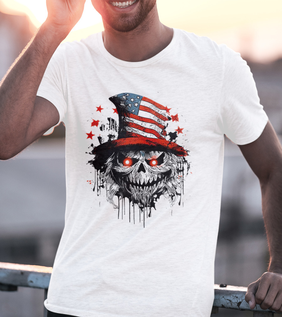 Creepy Uncle Sam Skeleton Skull Hat Dripping Red Eyes Halloween T-Shirt