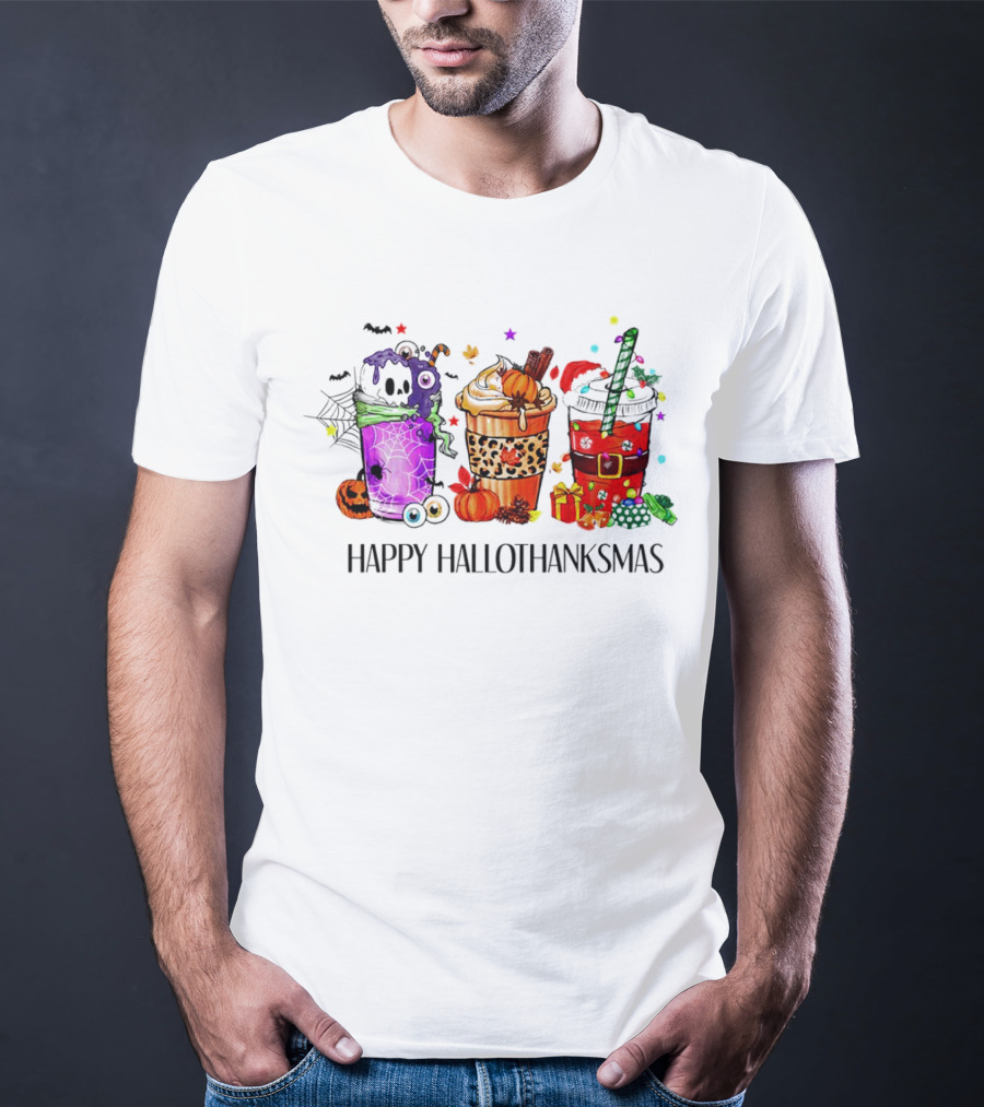 Happy Hallothanksmas With Spooky Fall And Festive Latte Trio T-Shirt