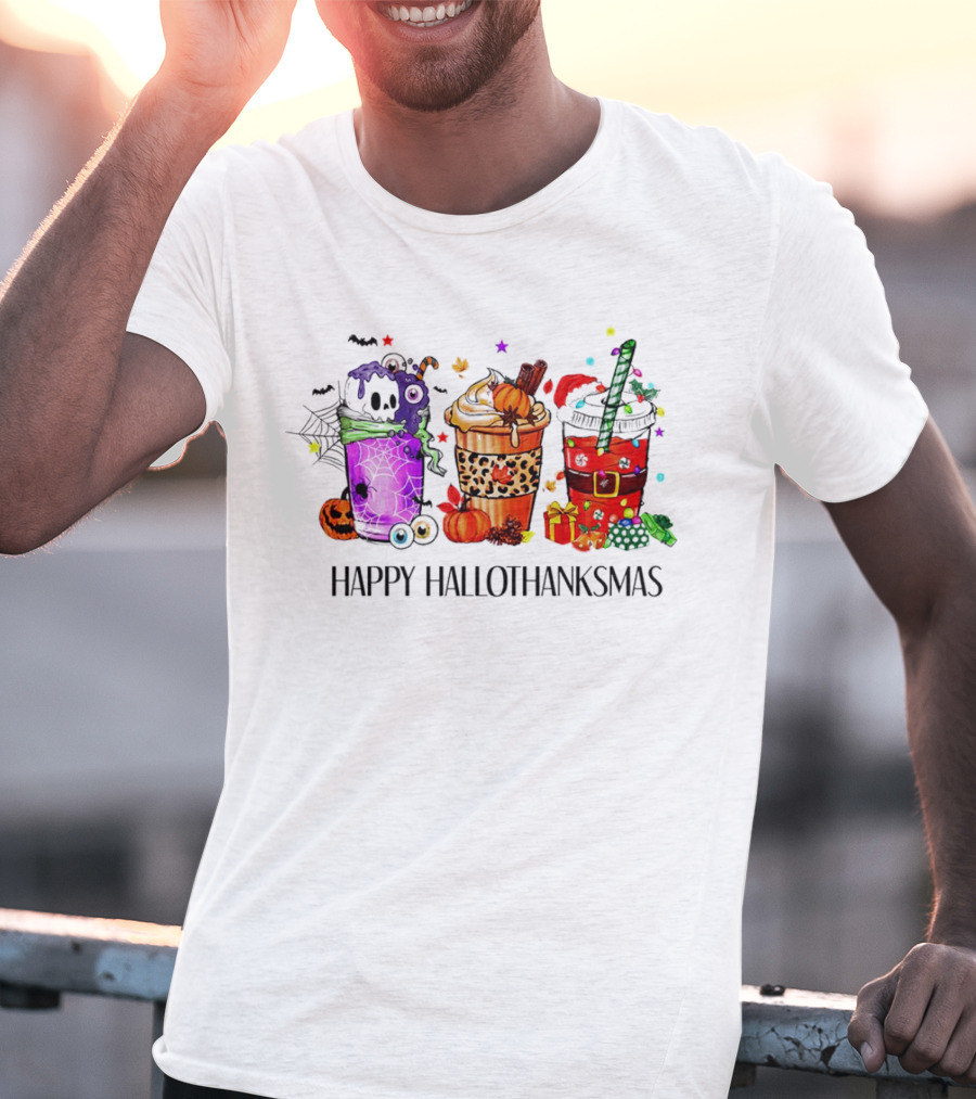 Happy Hallothanksmas With Spooky Fall And Festive Latte Trio T-Shirt
