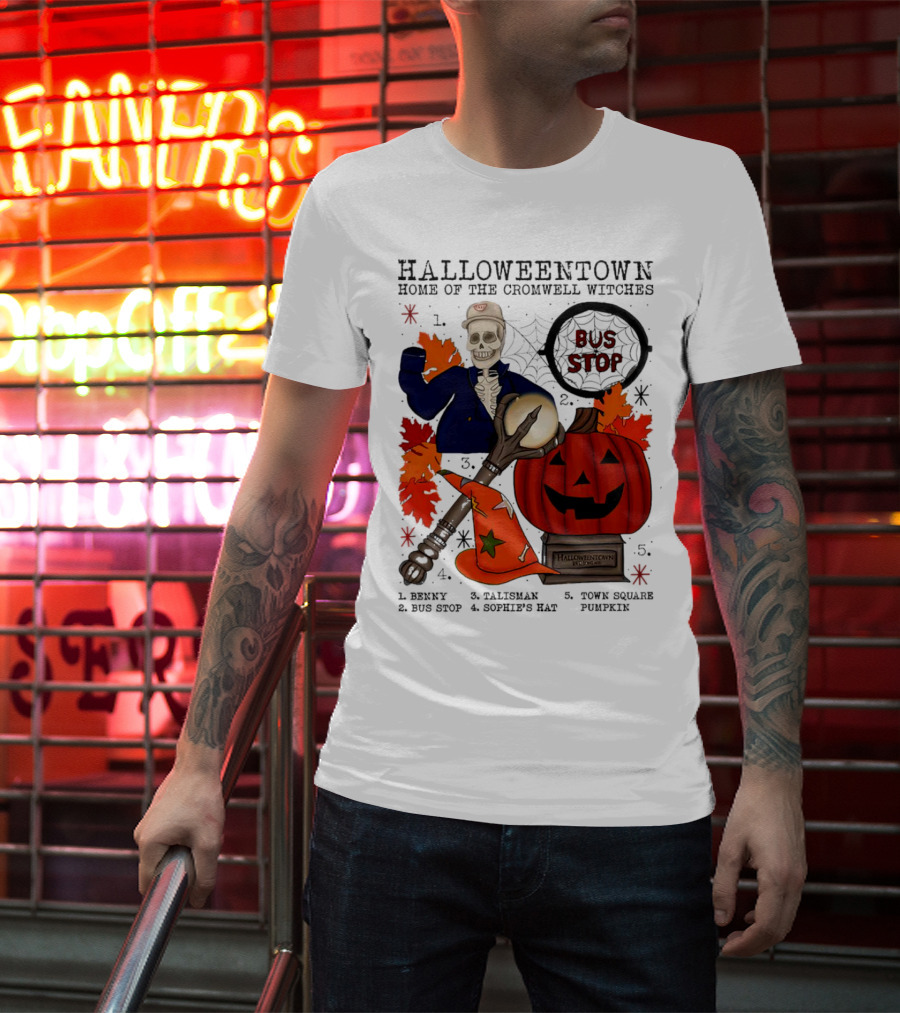 Halloweentown Home Of The Cromwell Witches Skeleton With Sophie’s Hat And Town Square Pumpkin T-Shirt