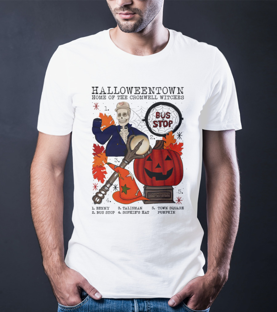 Halloweentown Home Of The Cromwell Witches Skeleton With Sophie’s Hat And Town Square Pumpkin T-Shirt