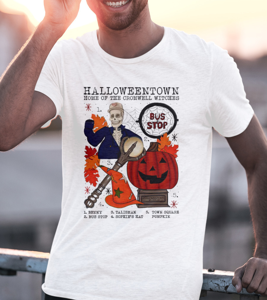 Halloweentown Home Of The Cromwell Witches Skeleton With Sophie’s Hat And Town Square Pumpkin T-Shirt