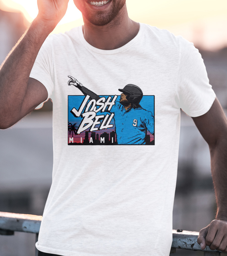 Josh Bell Miami Skyline Baseball Sunset T-Shirt