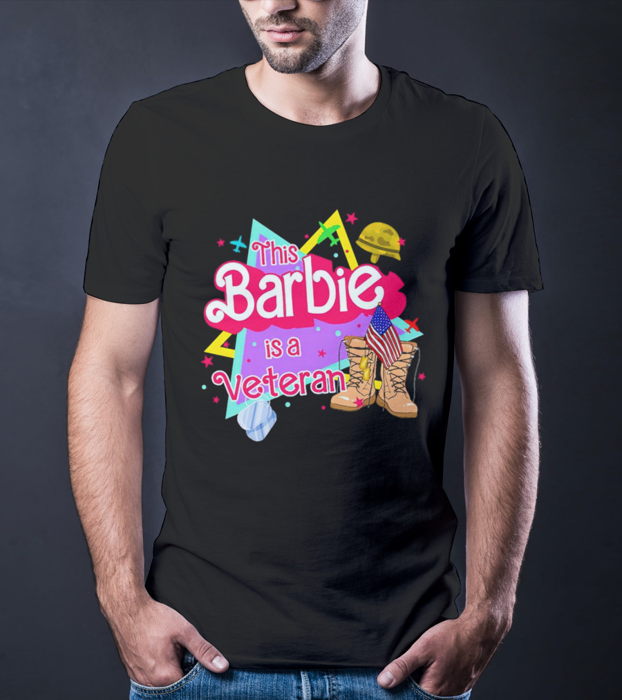 This Barbie Is A Veteran Boots American Flag Helmet Stars Background T-Shirt
