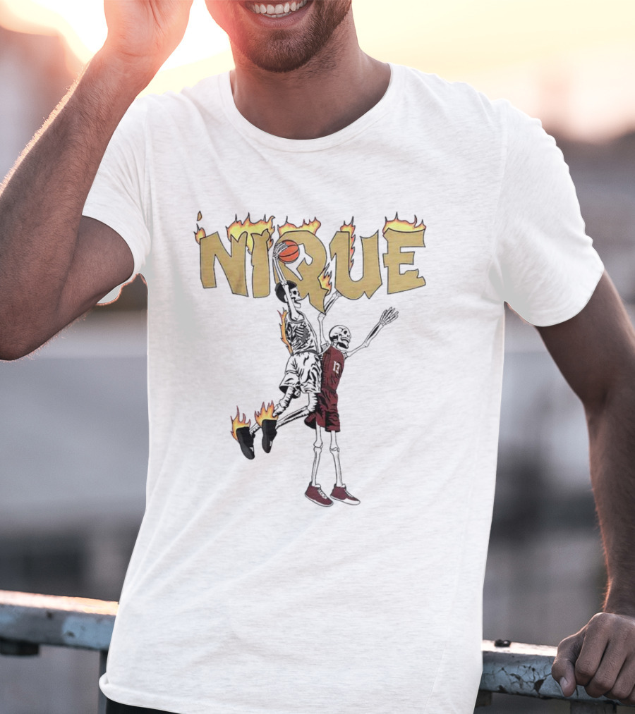 NIQUE Flaming Skeleton Dunk Basketball T-Shirt