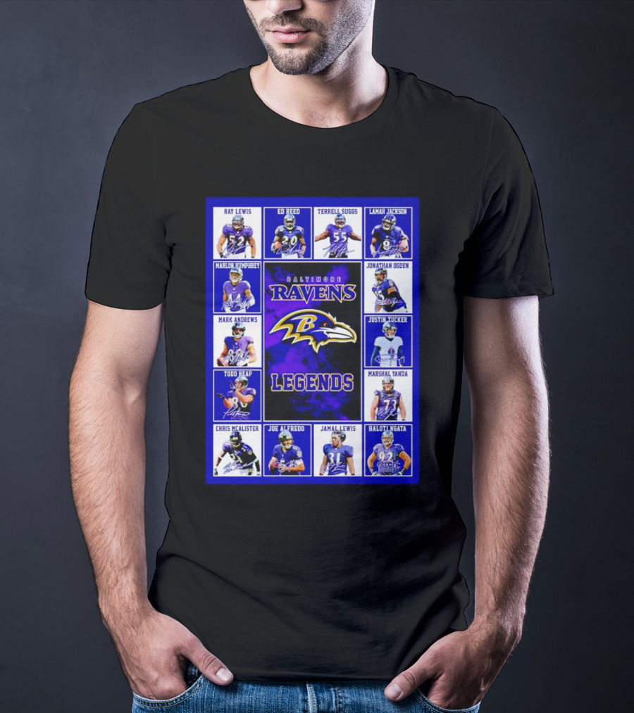 Baltimore Ravens Legends Ray Lewis Ed Reed Lamar Jackson Signature Collection T-Shirt