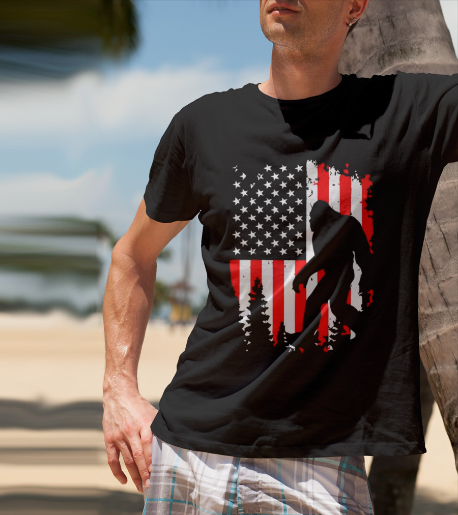 Bigfoot Silhouette With American Flag Background T-Shirt