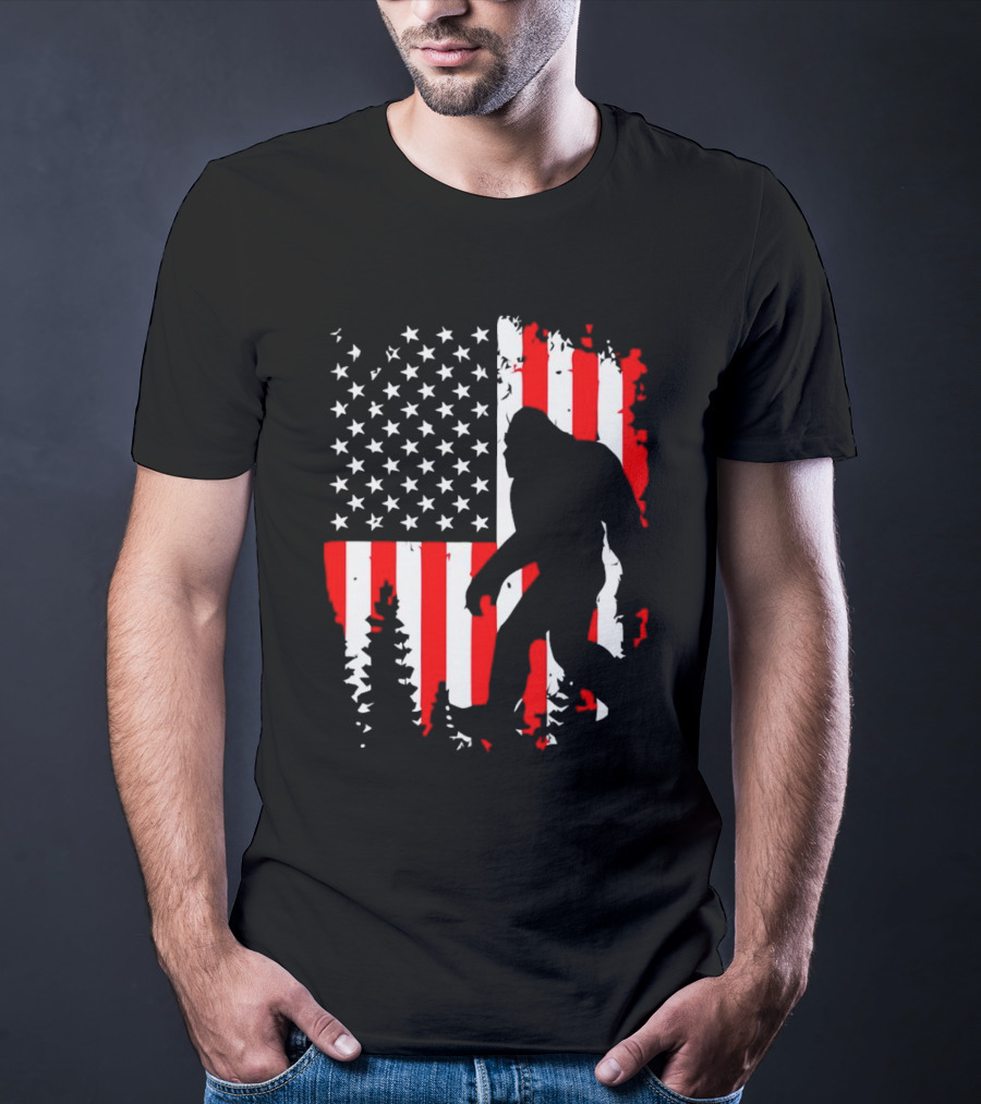 Bigfoot Silhouette With American Flag Background T-Shirt