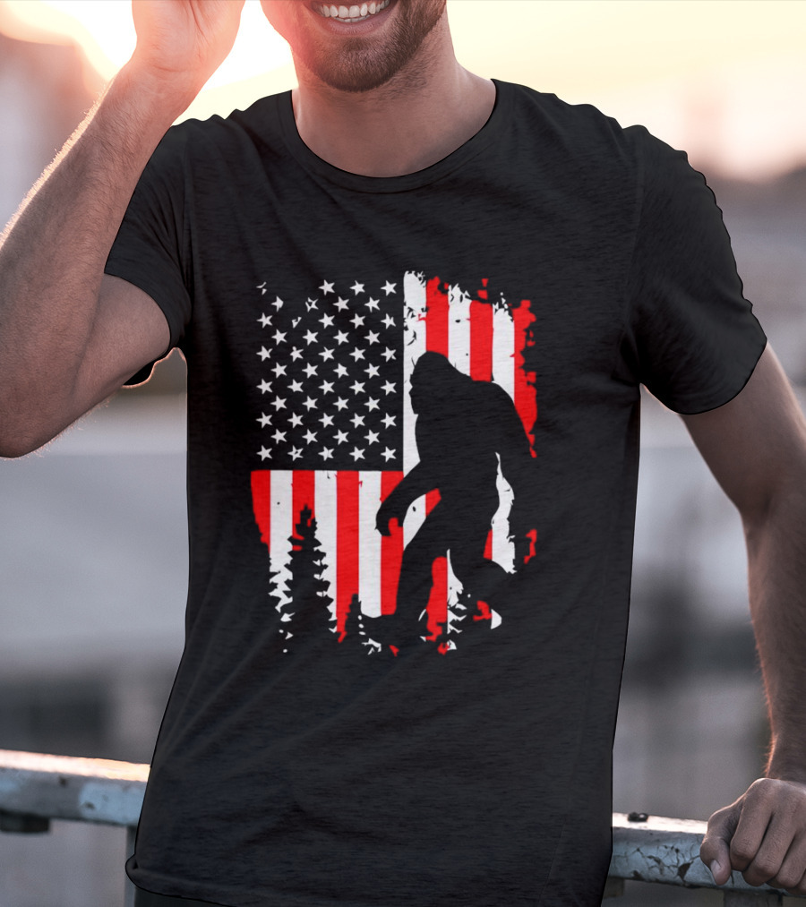 Bigfoot Silhouette With American Flag Background T-Shirt