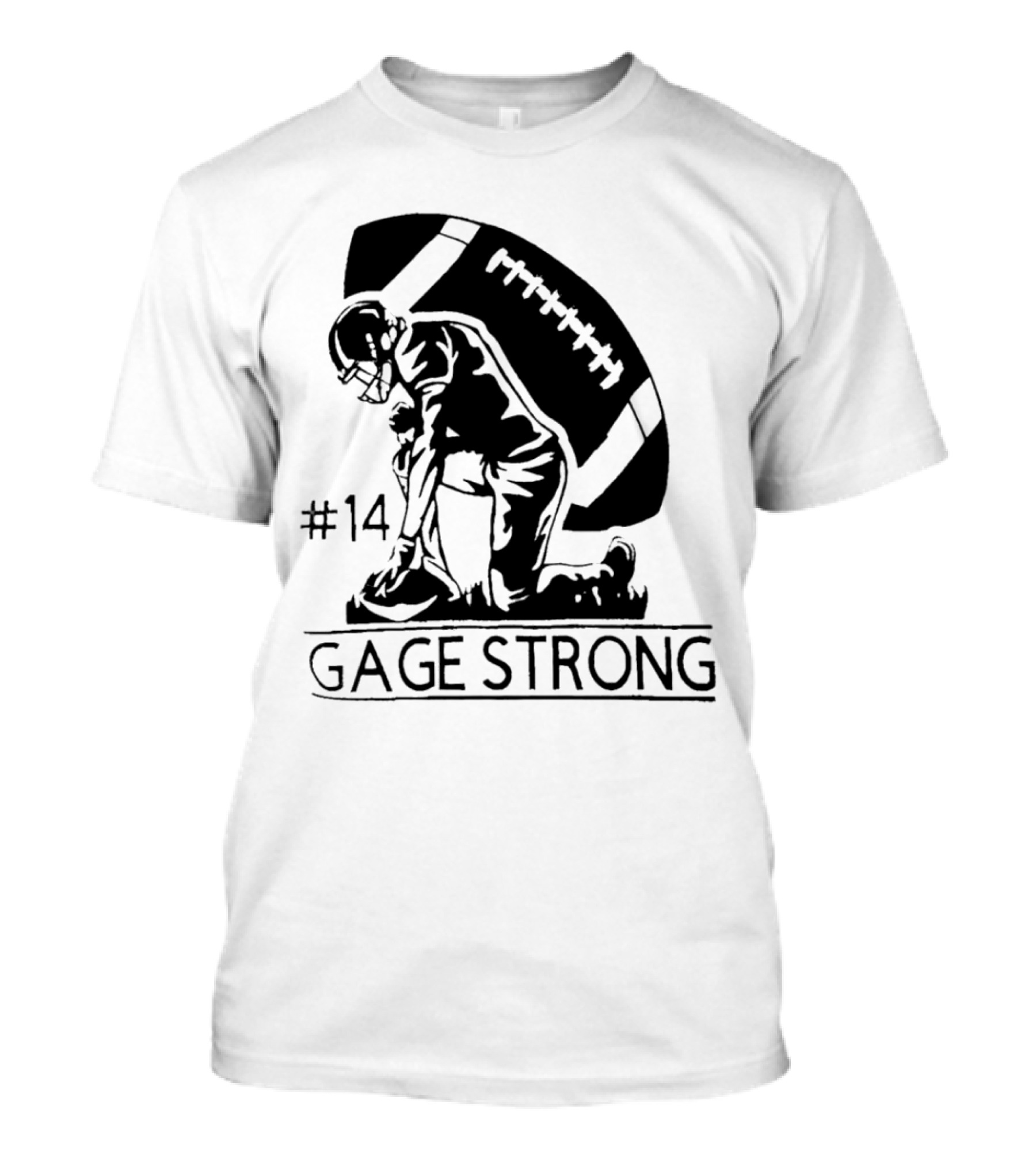 Gage Strong #14 Football Player Kneeling In Front Of Large Football T-Shirt