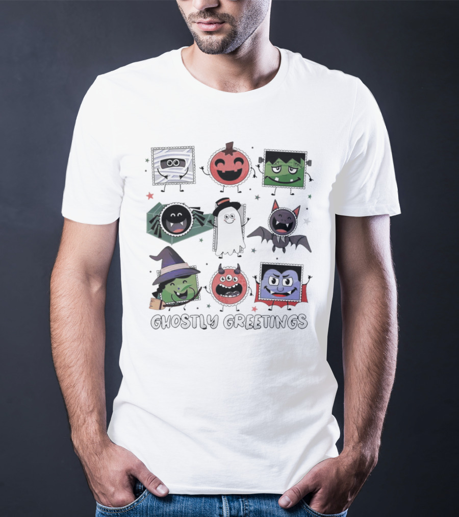 Ghostly Greetings With Halloween Monster Faces And Characters T-Shirt
