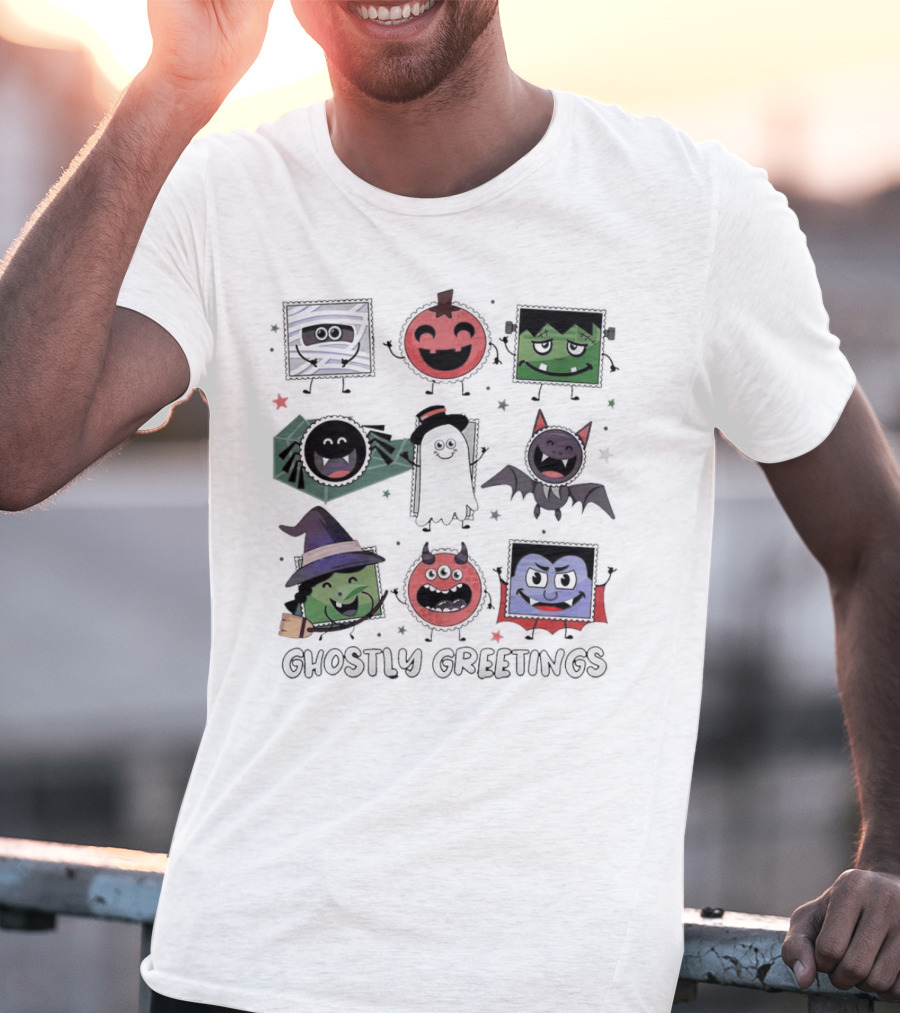 Ghostly Greetings With Halloween Monster Faces And Characters T-Shirt