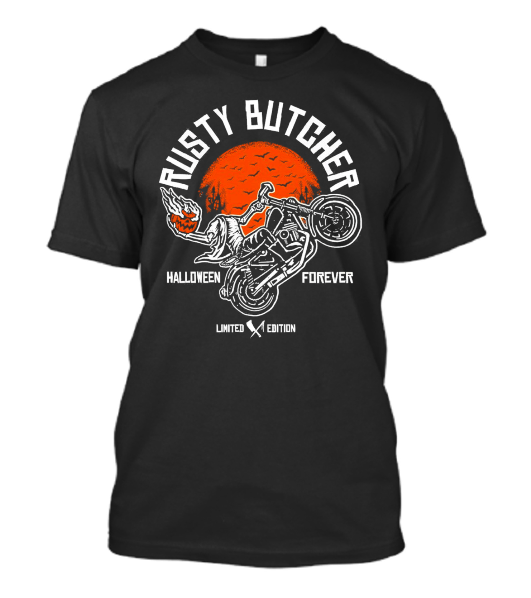 Rusty Butcher Halloween Forever Pumpkin Motorcycle Moon Bats T-Shirt