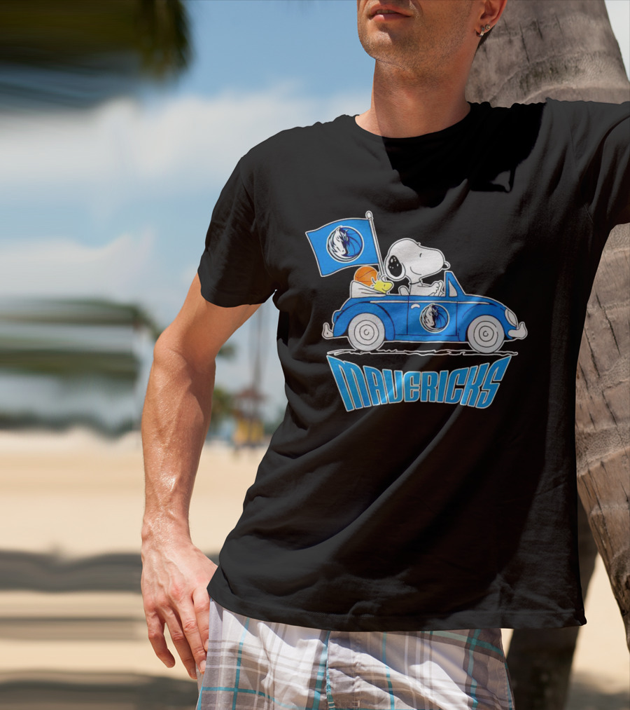Mavericks Basketball Snoopy Driving Car With Logo Flag T-Shirt