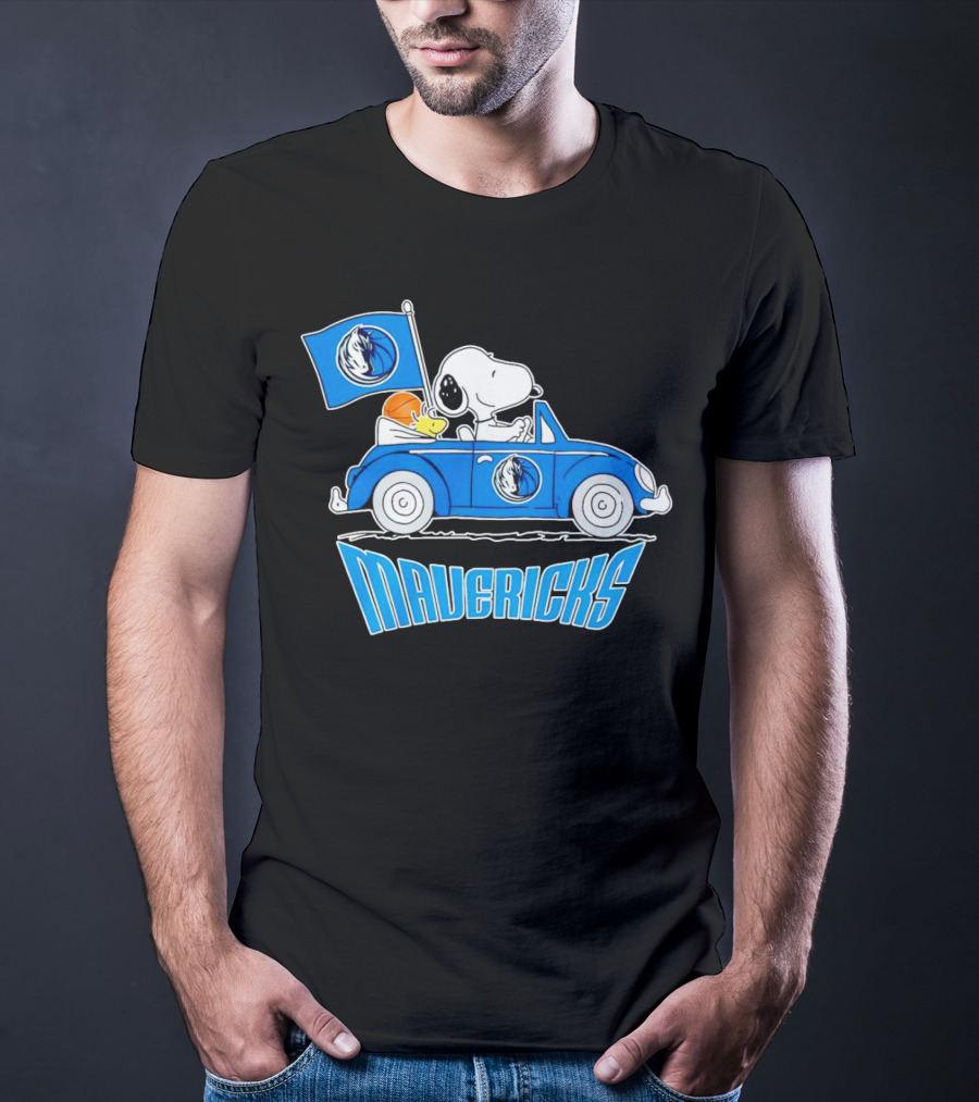 Mavericks Basketball Snoopy Driving Car With Logo Flag T-Shirt