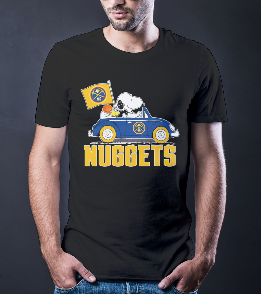 Denver Nuggets Snoopy Driving Car With Basketball Flag T-Shirt