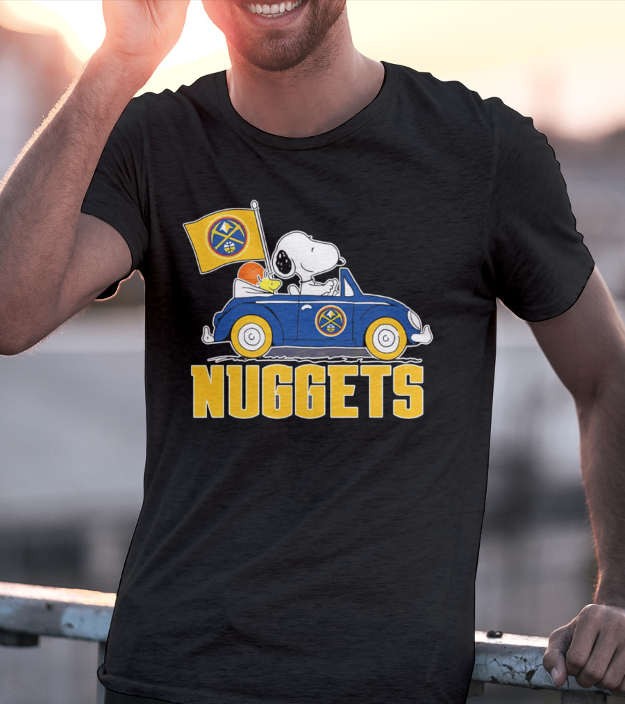 Denver Nuggets Snoopy Driving Car With Basketball Flag T-Shirt
