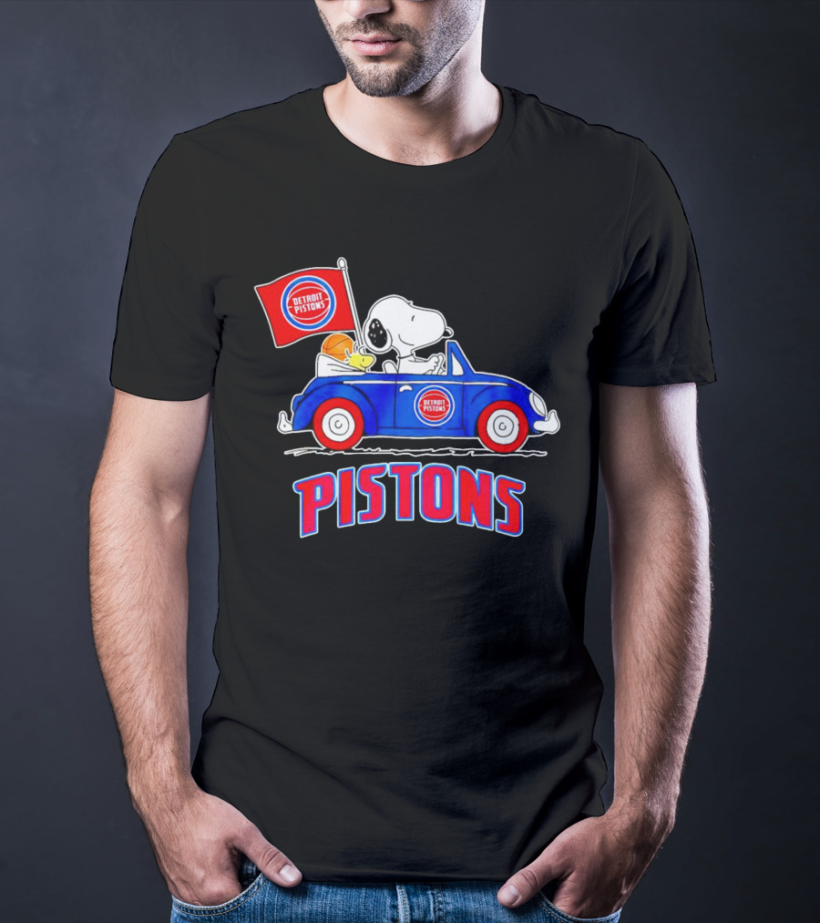 Detroit Pistons Basketball Snoopy Driving Car With Flag T-Shirt