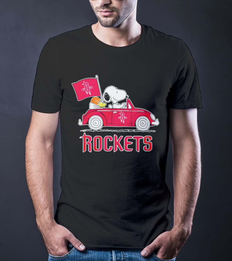 Rockets Snoopy Driving Red Car With Basketball Flag T-Shirt