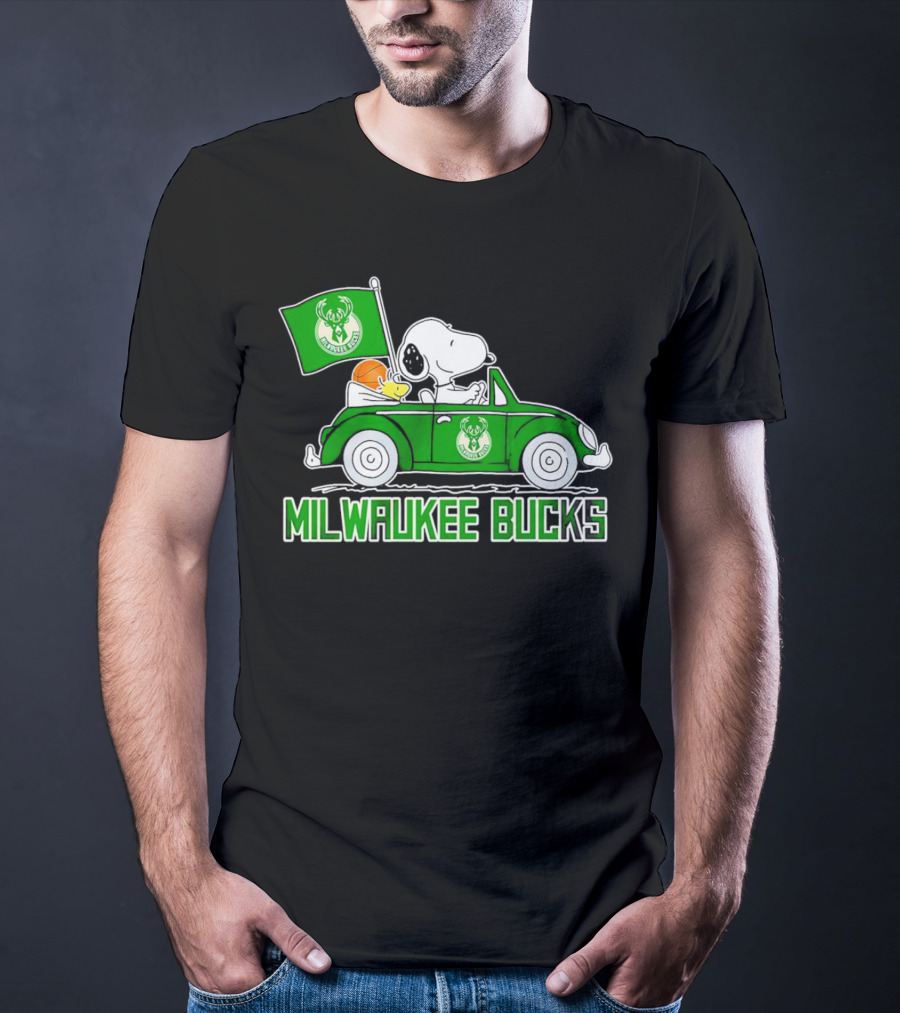 Milwaukee Bucks Snoopy Driving Car With Basketball And Team Flag T-Shirt