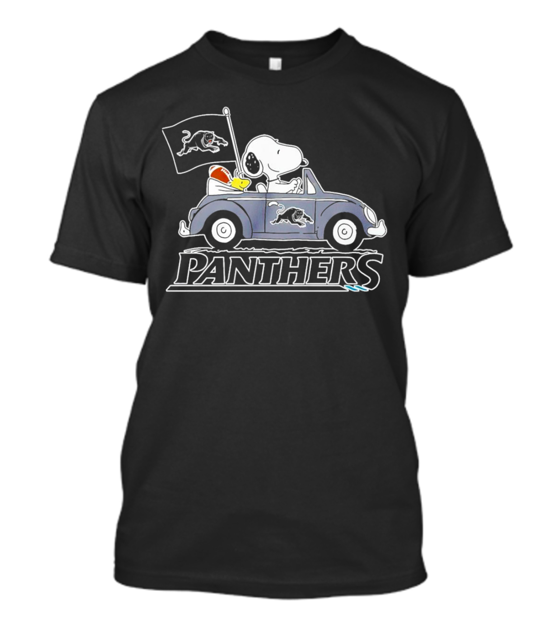 Snoopy Driving Volkswagen With Panthers Football Flag Peanuts T-Shirt