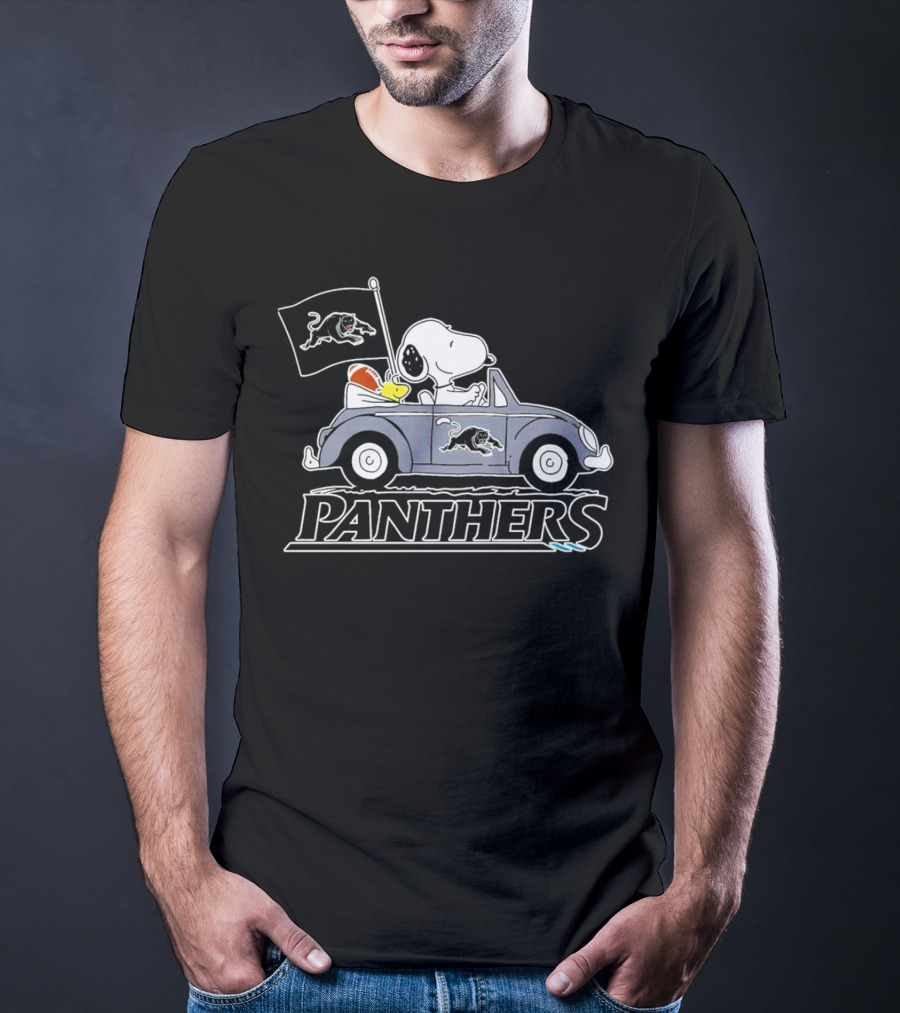 Snoopy Driving Volkswagen With Panthers Football Flag Peanuts T-Shirt