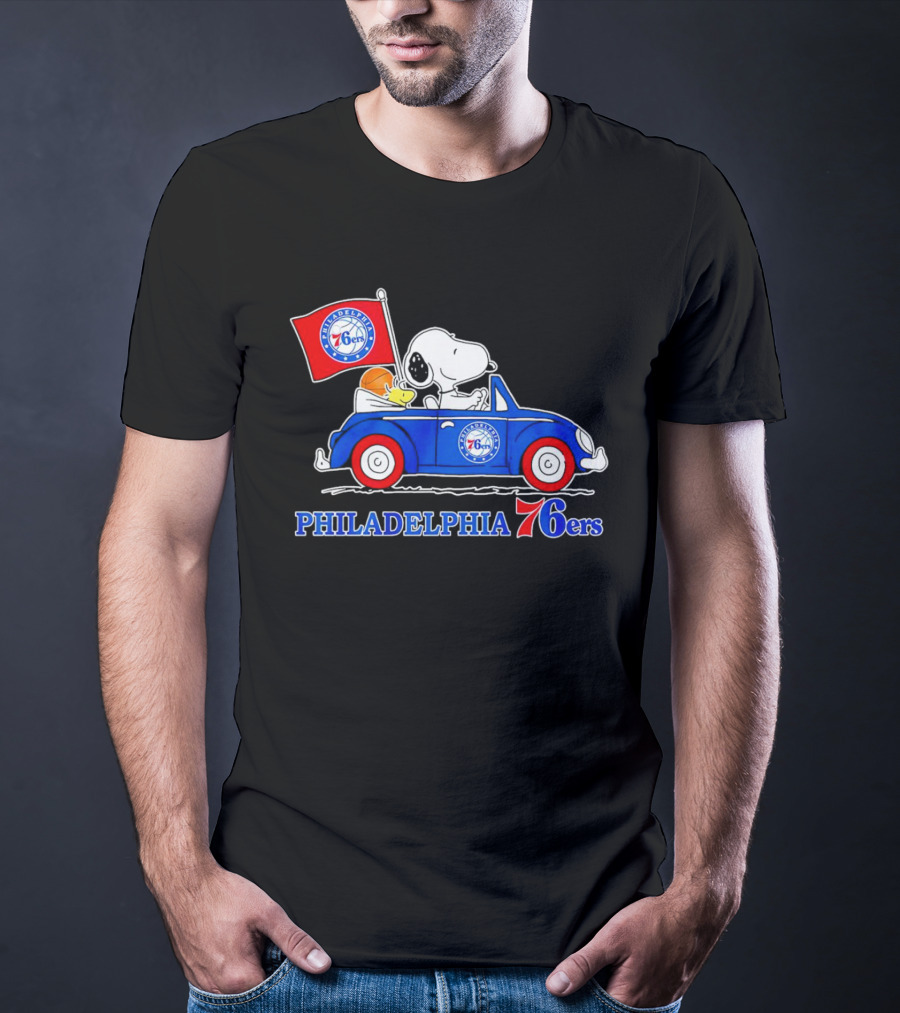 Philadelphia 76ers Snoopy Driving Car With Basketball And Flag T-Shirt