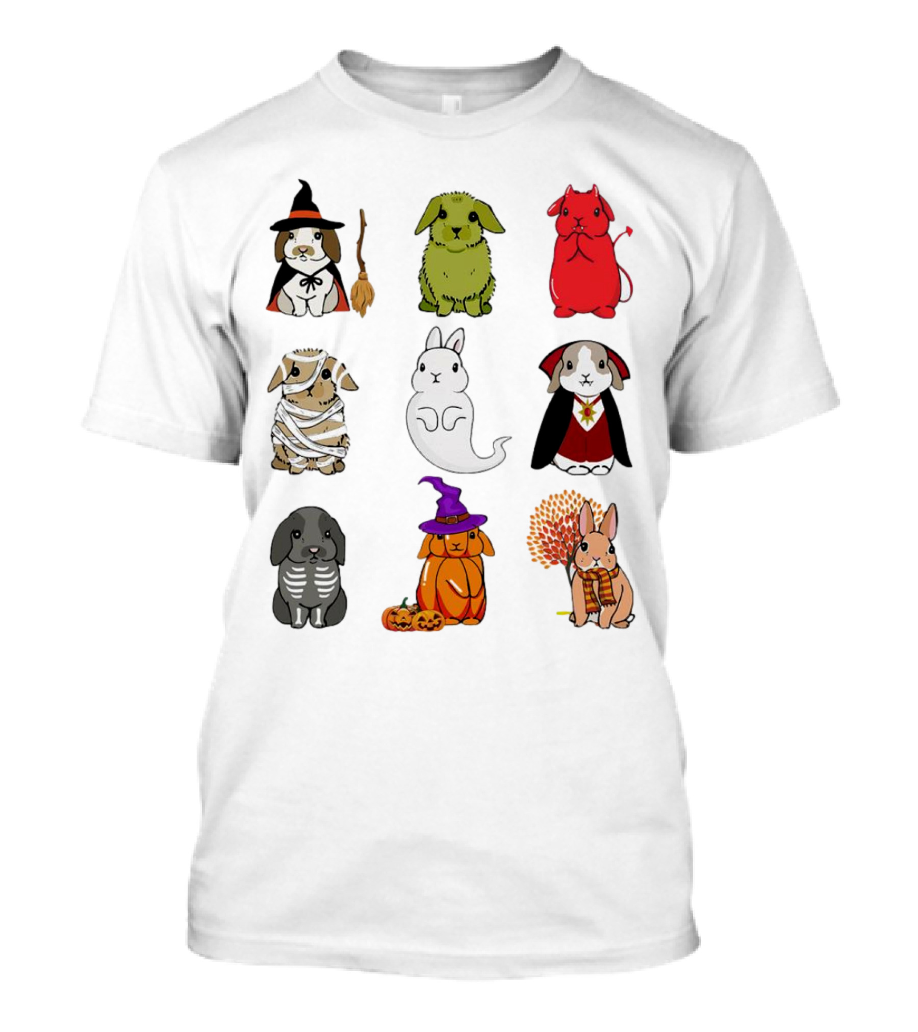 Bunny Witch Mummy Ghost Vampire Skeleton Pumpkin Bat Cute Halloween T-Shirt