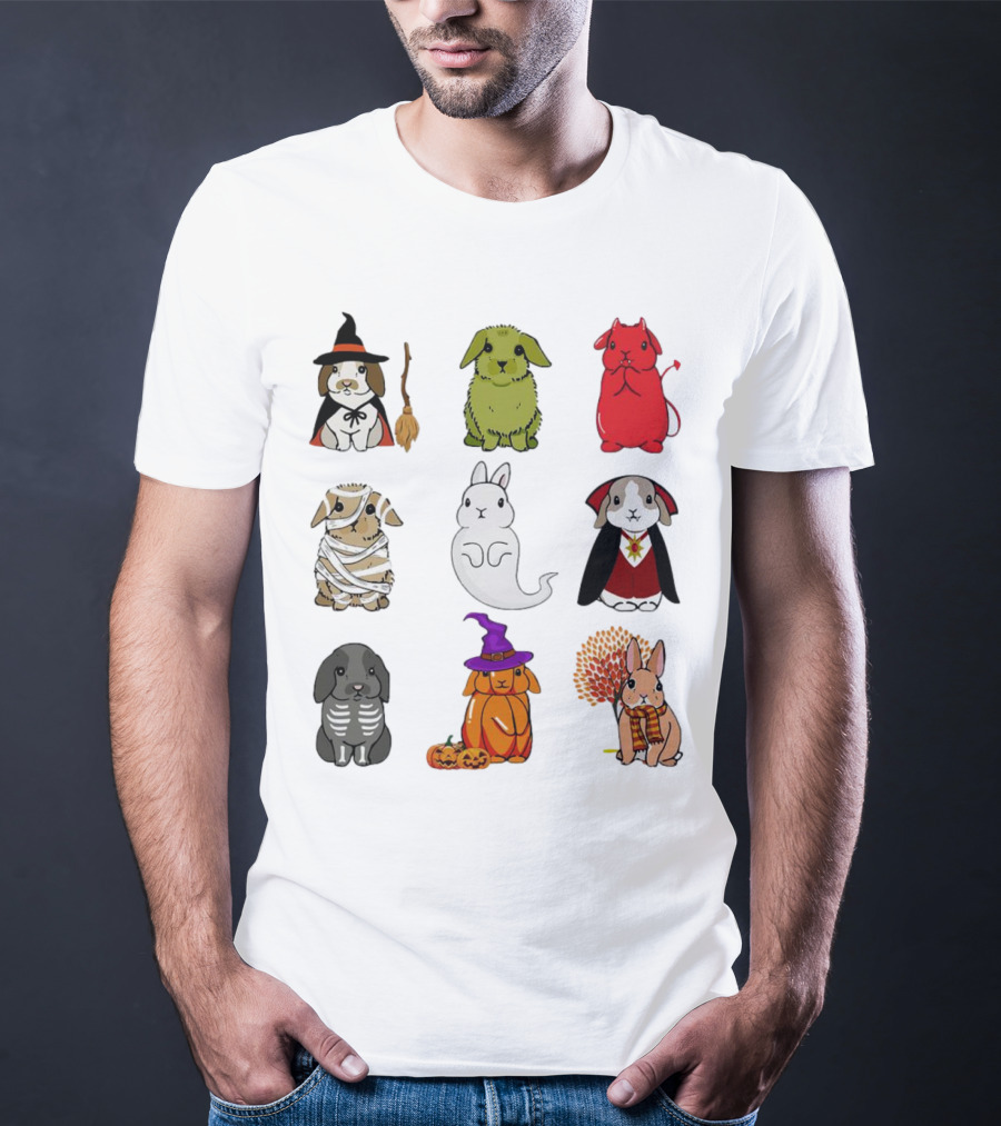 Bunny Witch Mummy Ghost Vampire Skeleton Pumpkin Bat Cute Halloween T-Shirt