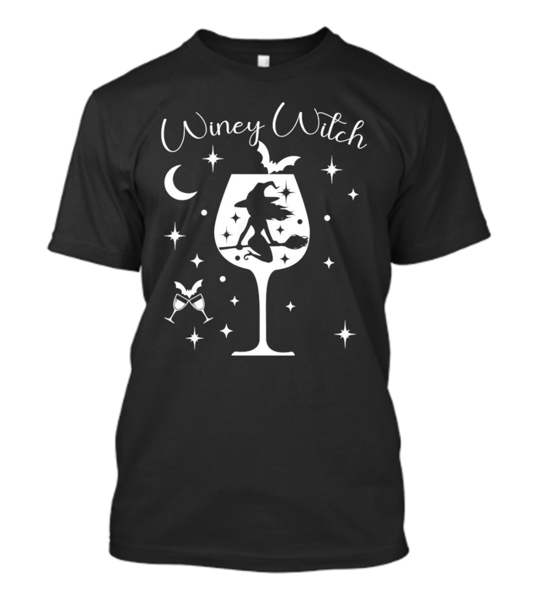 Winey Witch Halloween Moon Stars Broom Bat T-Shirt