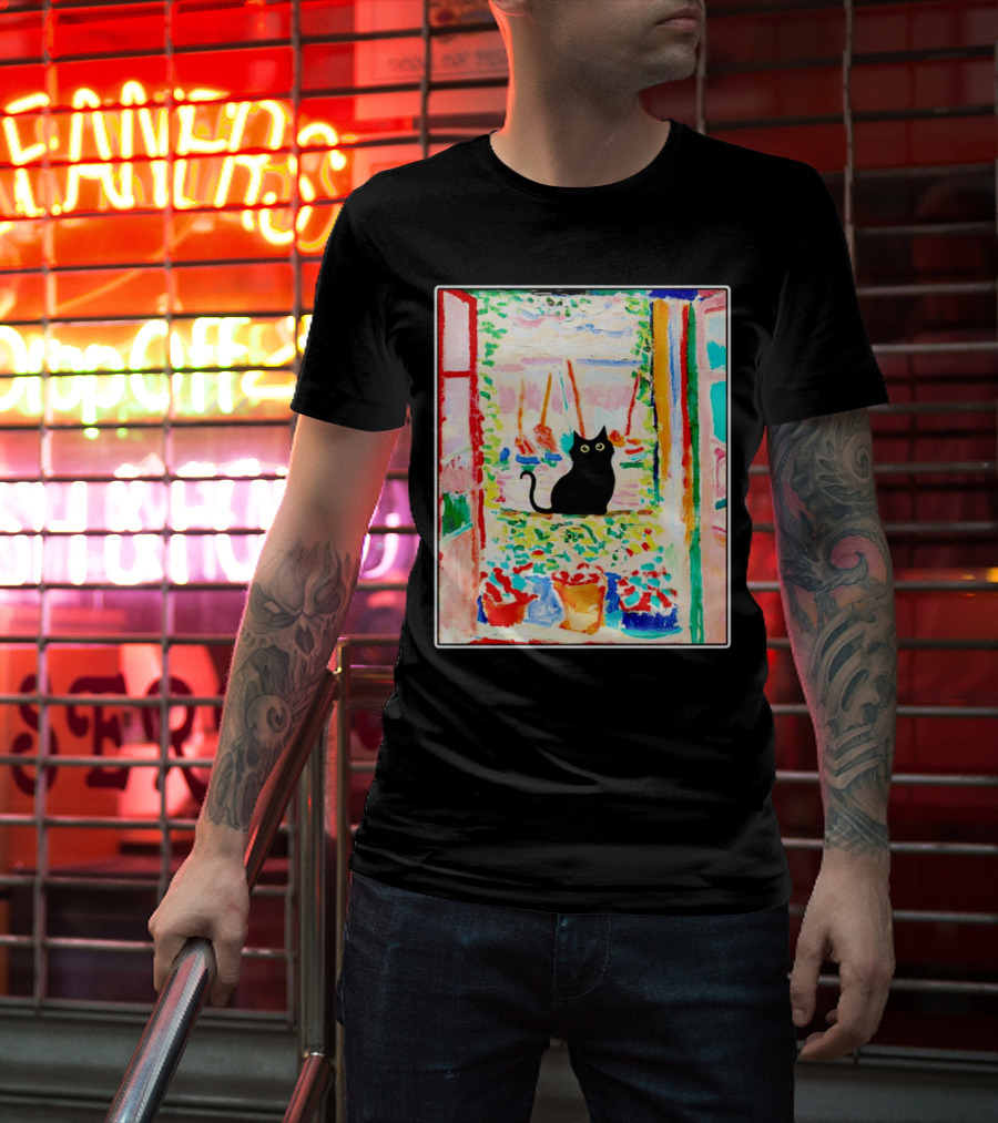 Black Cat In Vibrant Open Window Scene With Colorful T-Shirt